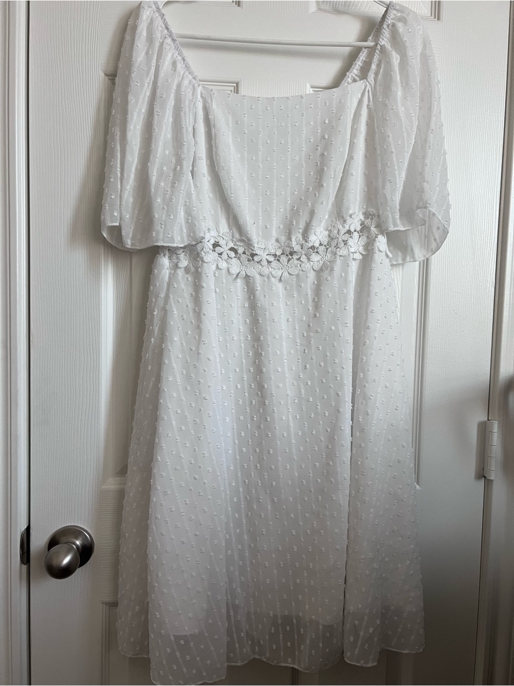 SHEIN White Swiss Dot Puff Sleeve Midi Dress with Floral Waist